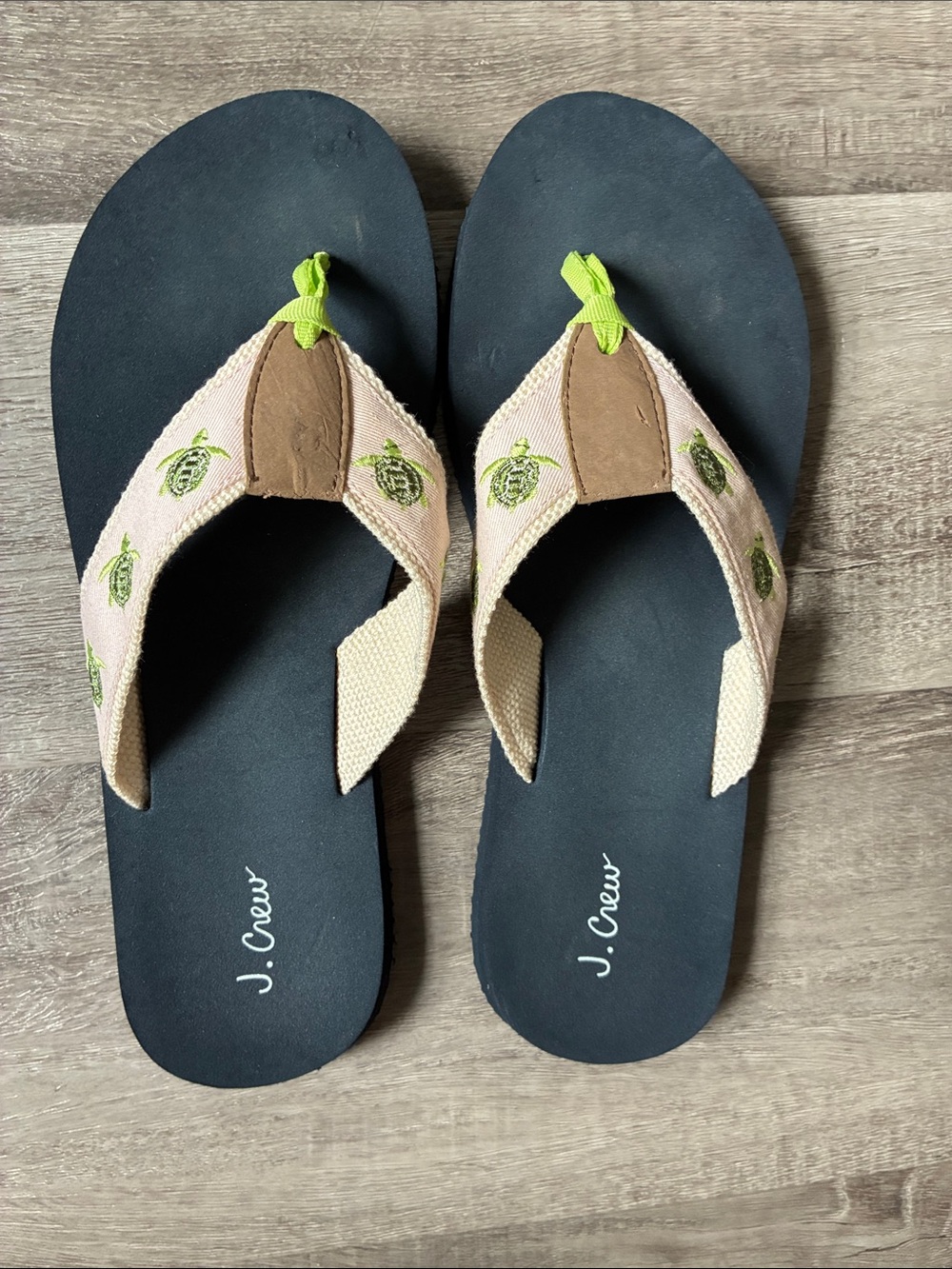 J. Crew Navy Flip-Flop Sandals with Beige Straps & Lime Green Sea Turtle Accents